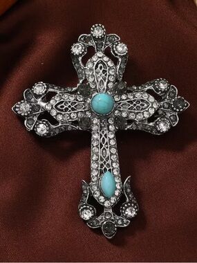 Ornate Silver Cross Brooch with Turquoise Tone Accents & Rhinestones NWT